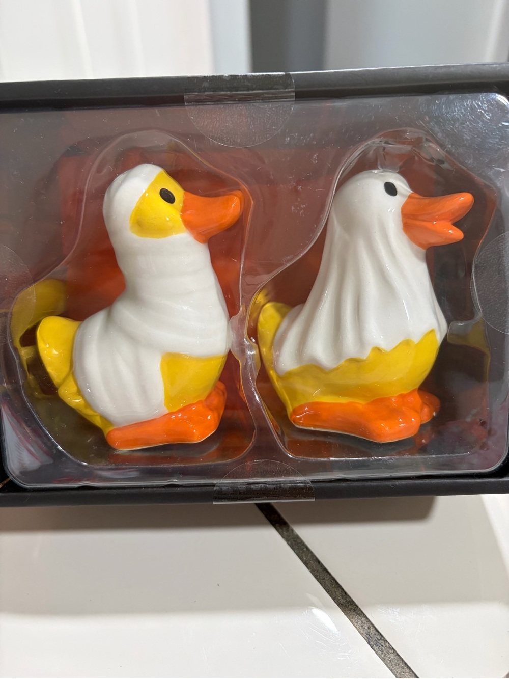 Ceramic Halloween Duck Salt and Pepper Set - White, Yellow & Orange